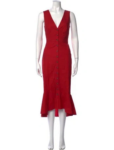 Pre-owned Saloni V-neck Midi Length Dress In Red