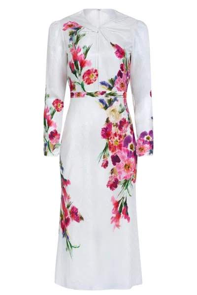 Saloni White Claudia Teardrop Knot Floral Printed Silk Midi Dress In Multi