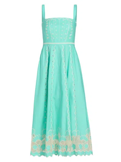 Saloni Women's Aurora Embroidered Cotton Midi-dress In Blue