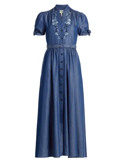 Saloni Women's Ena Floral-embroidered Cotton-blend Midi Shirtdress In Blue