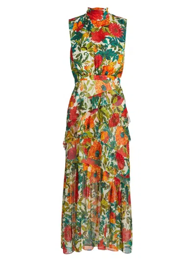 Saloni Women's Fleur Floral Silk Sleeveless Midi Dress In Multi