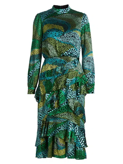 Saloni Women's Isa Printed Ruffle Midi-dress In Green