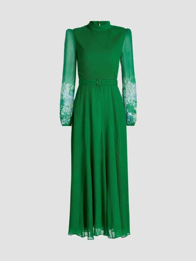 Saloni Jacqui D Belted Flower-printed Silk-chiffon Midi Dress In Green