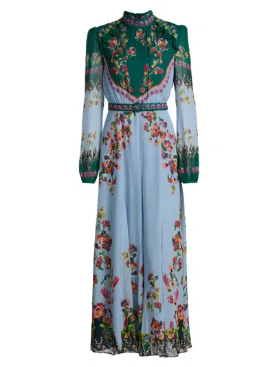 Saloni Jacqui-b Belted Floral Silk Midi Dress In Blue