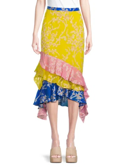 Saloni Women's Lace Tiered Ruffle Midi Skirt In Bright Lemon