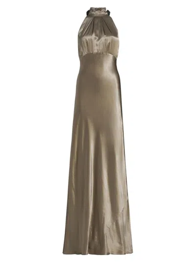 Saloni Michelle Velvet-trimmed Open-back Satin Gown In Gold