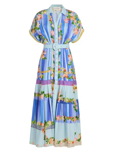 Saloni Riya-b Belted Floral Linen Maxi Shirt Dress In Blue