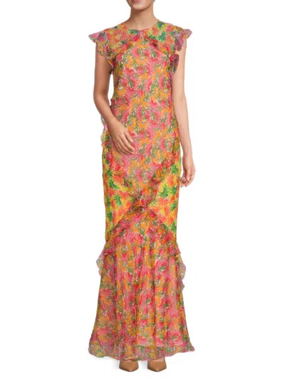 Saloni Women's Ruffle Print Silk Maxi Dress In Maple Fuchsia