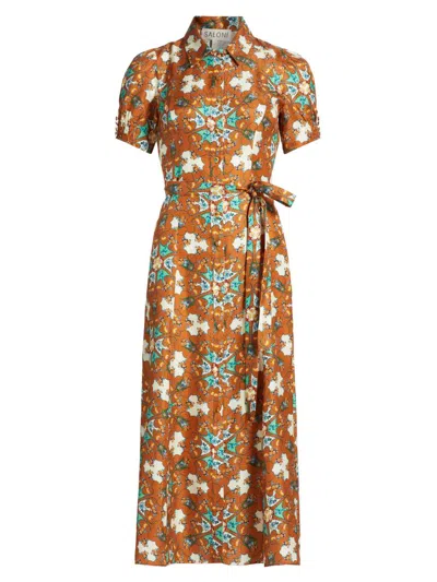 Saloni Women's Vanessa D Floral Silk Tiw-waist Midi-shirtdress In Brown