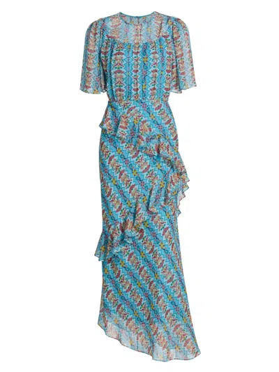 Saloni Women's Vida Printed Silk Ruffled Maxi Dress In Java Lace Sky