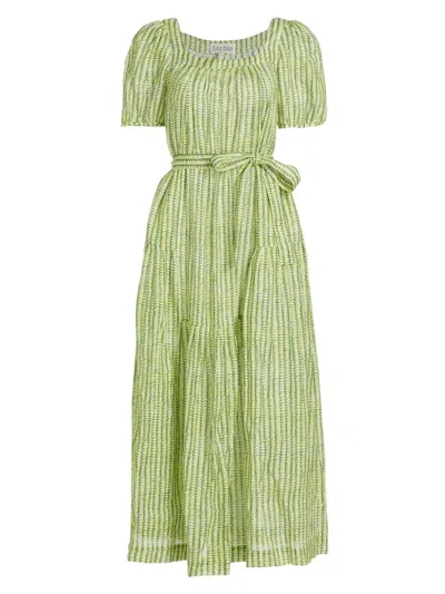 Saloni Yashi Printed Belted Linen Midi Dress In Stem Lemon