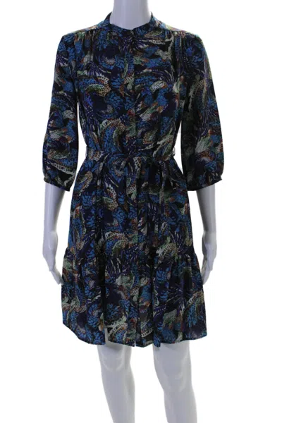 Saloni Womens Abstract Round Neck Long Sleeve Button Up Dress Blue