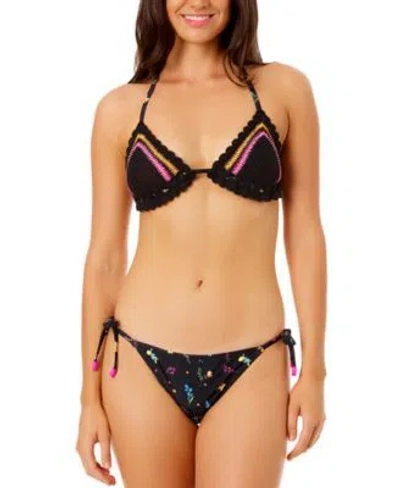 Salt + Cove Salt Cove Juniors Crochet Halter Triangle Bikini Top Floral Side Tie Bikini Bottoms Exclusively At M In Black