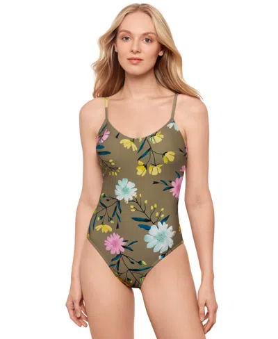 Salt + Cove Juniors' Floral-print One-piece Swimsuit, Exclusively At Macy's In Sage Green