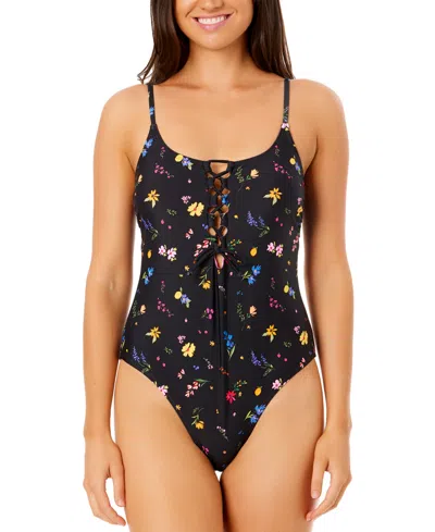 Salt + Cove Juniors' Printed Lace-up Scoop-neck One-piece Swimsuit, Exclusively At Macy's In Floral Bouquet