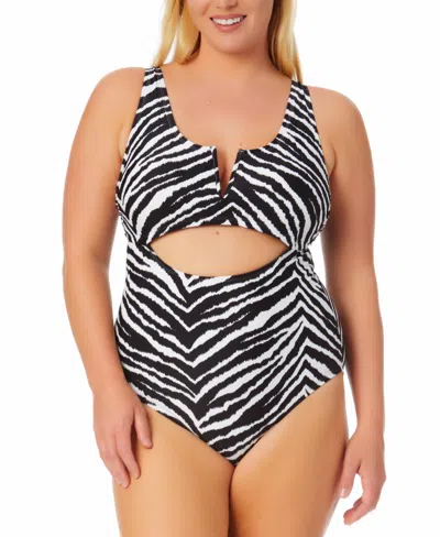 Salt + Cove Trendy Plus Size Zebra Cutout One-piece Swimsuit, Created For Macy's In Ziggy Zebra Black  White