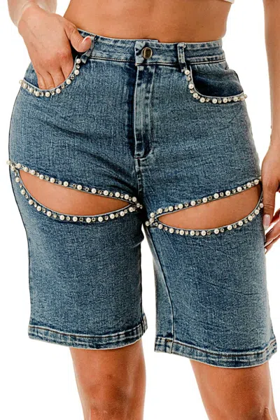 Salt Embellished Pearl Denim Shorts In Blue