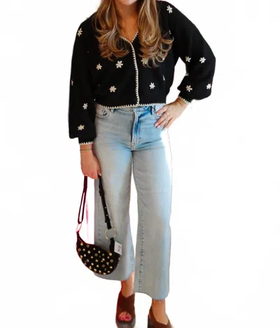 Saltwater Luxe Flower Embroidered Sweater Cardigan In Black