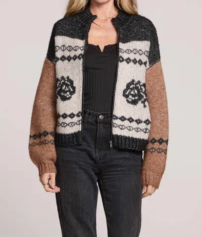 Saltwater Luxe Zip Up Rose Printed Cardigan In Black/ Brown In Orange