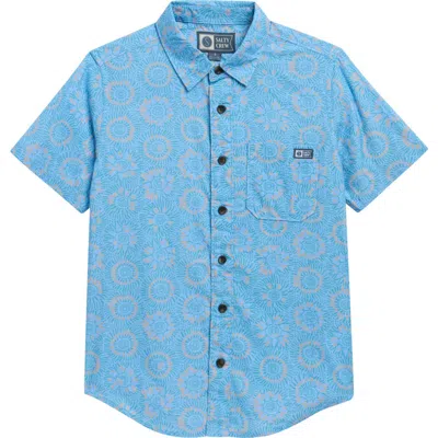 Salty Crew Kids' Short Sleeve Cotton Blend Button-up Shirt In Blue