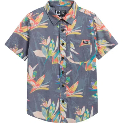 Salty Crew Kids' Short Sleeve Cotton Blend Button-up Shirt In Gray
