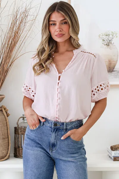 Salty Crush Alenna Shirt - Mandarin Collar Cut Out Detailed Short Sleeve Button Down In Pink