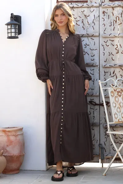 Salty Crush Alyce Maxi Dress - Mandarin Collar Button Down With Detachable Waist Tie In Brown