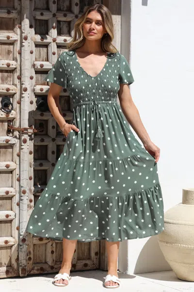 Salty Crush Amaya Midi Dress - Shirred Cap Sleeve A Line Dress In Green