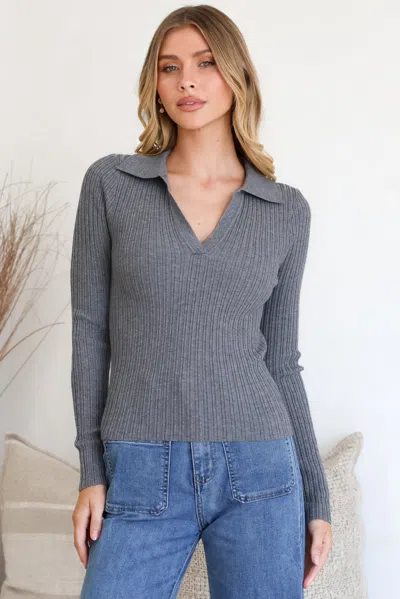Salty Crush Andee Knit Top - Wing Collar V-neck Ribbed Long Sleeve Top In Gray