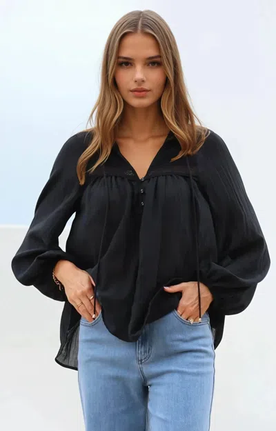 Salty Crush Angeline Top - Buttoned Down Scoop Hem Balloon Sleeve Blouse In Black