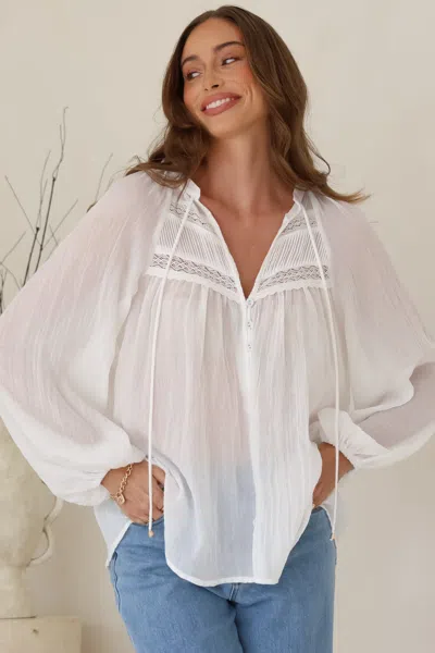 Salty Crush Angeline Top - Buttoned Down Scoop Hem Balloon Sleeve Blouse In White