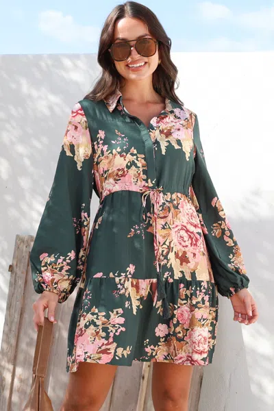 Salty Crush Anora Mini Dress - Collared Long Sleeve Dress With Pull Tie Waist In Green