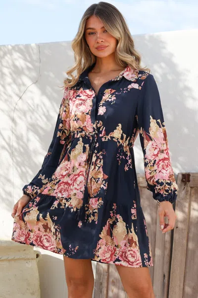 Salty Crush Anora Mini Dress - Collared Long Sleeve Dress With Pull Tie Waist In Blue