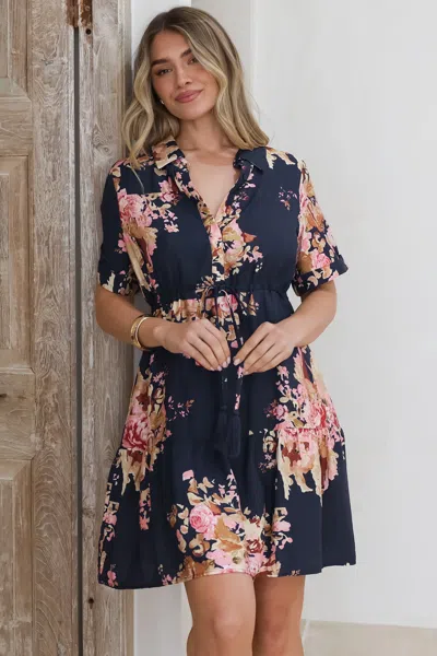 Salty Crush Apryl Mini Dress - Collared Short Sleeve Dress With Pull Tie Waist In Multi