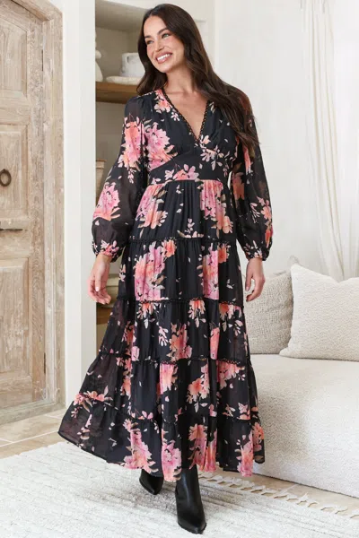 Salty Crush Audrey Maxi Dress - Delicately Detailed Tiered A-line Dress In Black