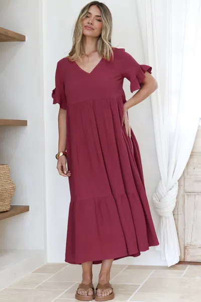 Salty Crush Audrina Midi Dress -  V-neck Tiered Linen Dress With Pockets In Burgundy