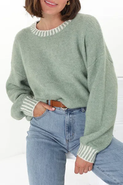 Salty Crush Aura Jumper - Crew Neck Jumper With Contrast Stripe Trim In Green