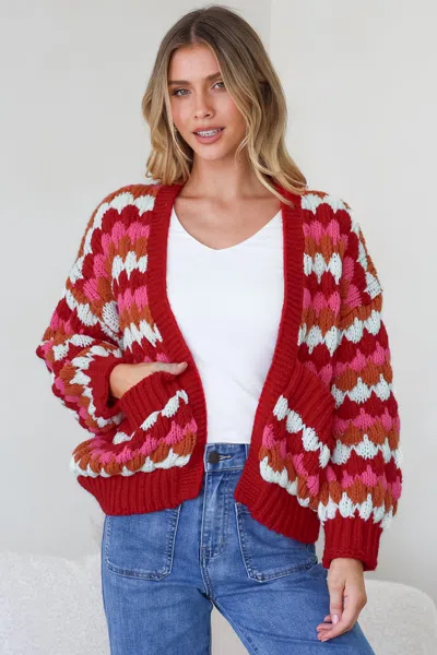 Salty Crush Avery Cardigan - Open Front Bubble Knit With Pockets In Red