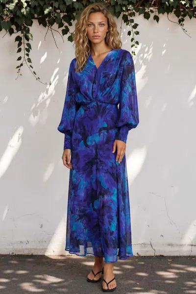 Salty Crush Azura Maxi Dress - V-neckline Dress With Long Shirred Sleeves In Blue