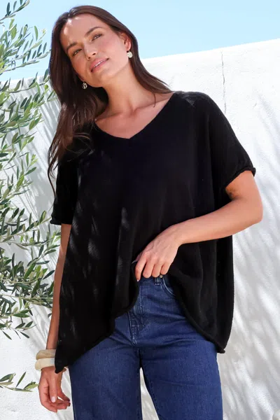 Salty Crush Baha Knit Top - Relaxed V Neck Cotton Knit With Short Sleeves In Black