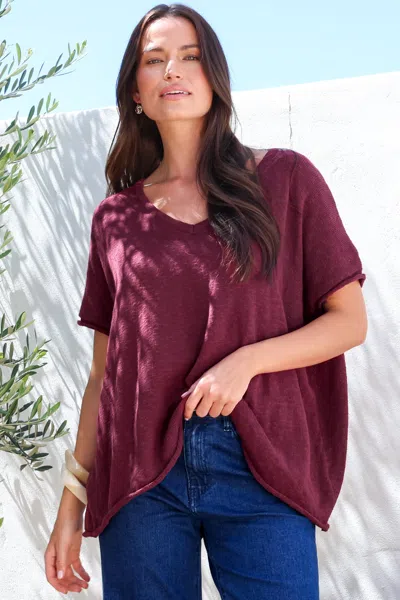 Salty Crush Baha Knit Top - Relaxed V Neck Cotton Knit With Short Sleeves In Burgundy
