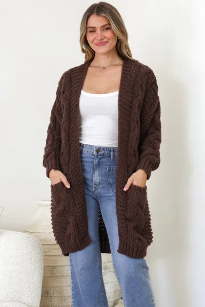 Salty Crush Beckett Cardigan - Open Front Chunky Cable Knit With Pockets In Brown