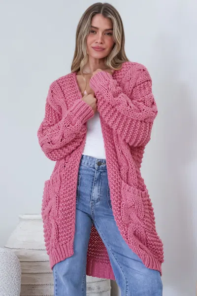 Salty Crush Beckett Cardigan - Open Front Chunky Cable Knit With Pockets In Pink