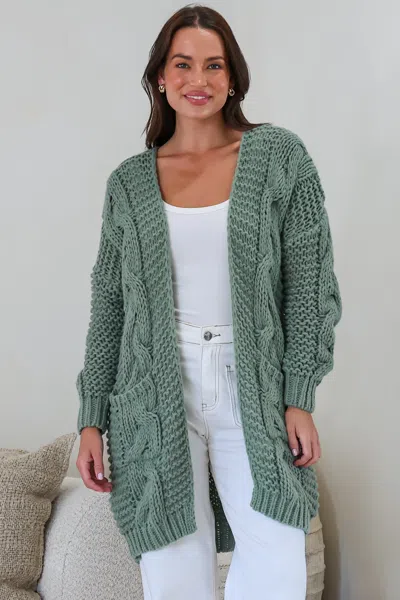 Salty Crush Beckett Cardigan - Open Front Chunky Cable Knit With Pockets In Green