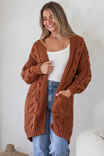 Salty Crush Beckett Cardigan - Open Front Chunky Cable Knit With Pockets In Brown