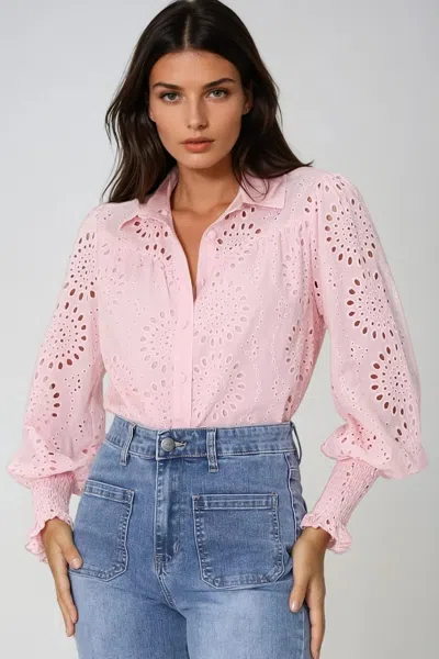 Salty Crush Benton Blouse - Hollow Out Embroidered Button Down Shirt In Pink