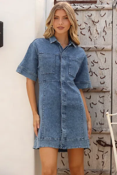 Salty Crush Bigsby Denim Mini Dress - Collared Button Down Short Sleeve Dress In Blue