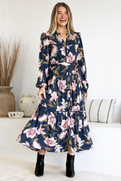 Salty Crush Bonham Maxi Dress - Mandarin Collar Front Button Placket Dress With Belt In Blue