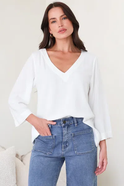 Salty Crush Breezer Top - Long Sleeve V Neck Pull Over Top With High Low Hemline In White