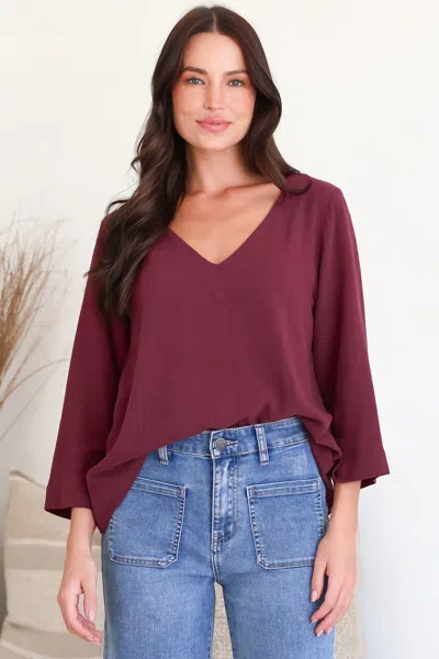Salty Crush Breezer Top - Long Sleeve V Neck Pull Over Top With High Low Hemline In Burgundy